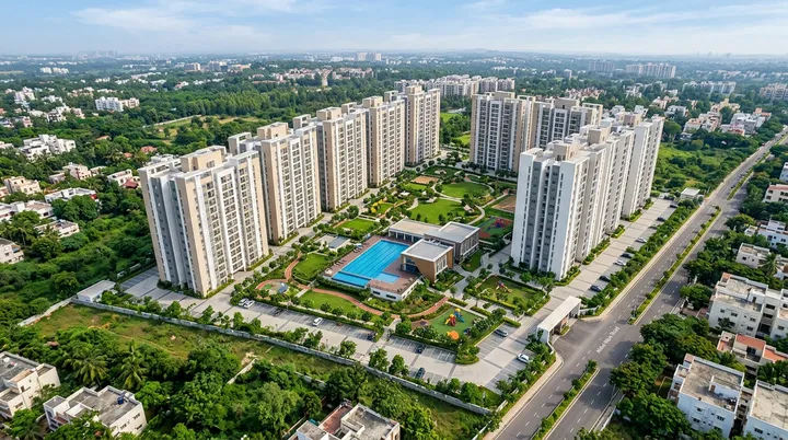 Aerial view of Century WinningKind township showing tower layout and landscaped zones across 15.7 acres at Attur Layout