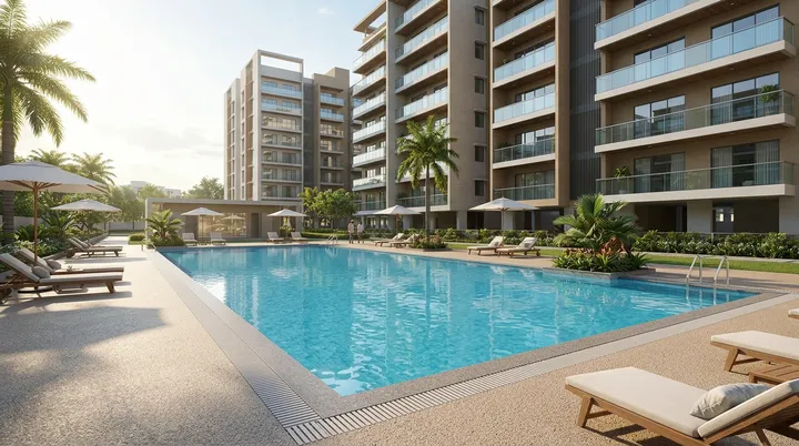 Swimming pool area at Century WinningKind featuring the main pool, kids' pool with slider, and splash pool