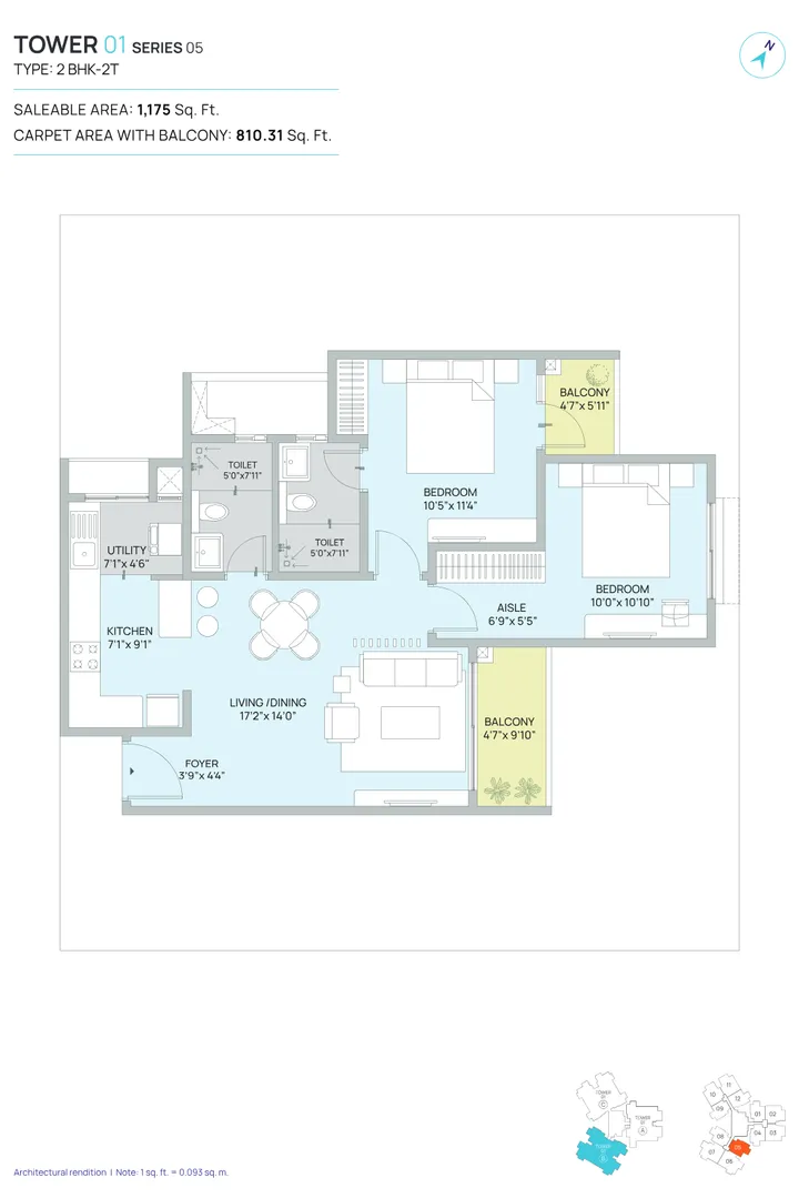 2 BHK floor plan at Century WinningKind showing 1,165 sq ft layout with 2 bedrooms, living area, kitchen, 2 toilets and balcony