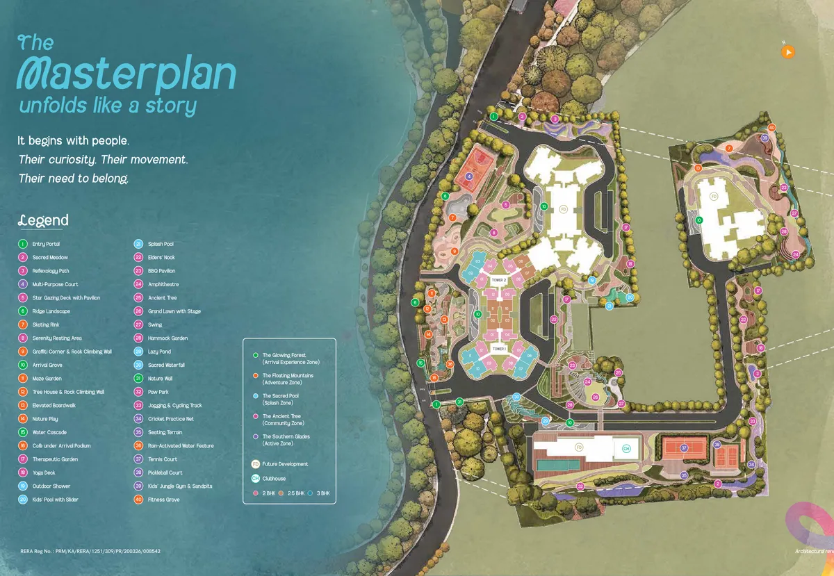 Amenities master plan of Century WinningKind showing all 14 tower positions, five discovery zones, clubhouse, pool complex, sports facilities, and landscape features across the 15.7-acre township