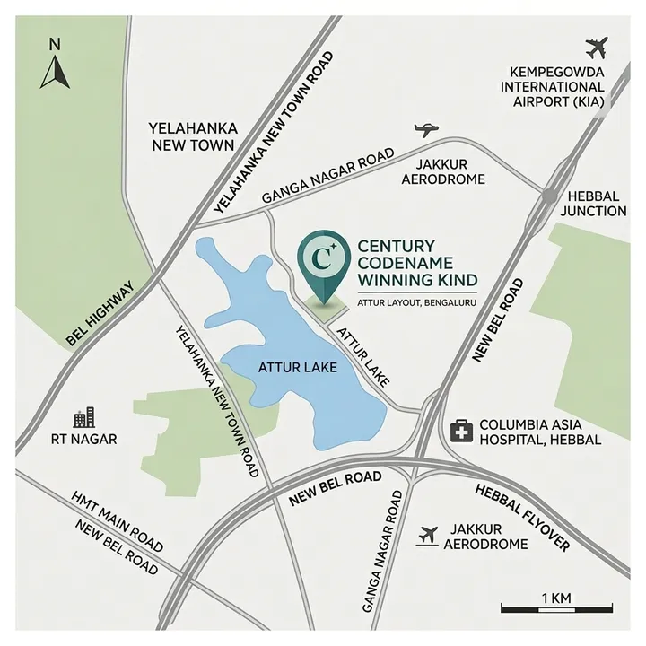 Location map of Century WinningKind showing proximity to Attur Lake, Yelahanka and nearby landmarks in Bengaluru
